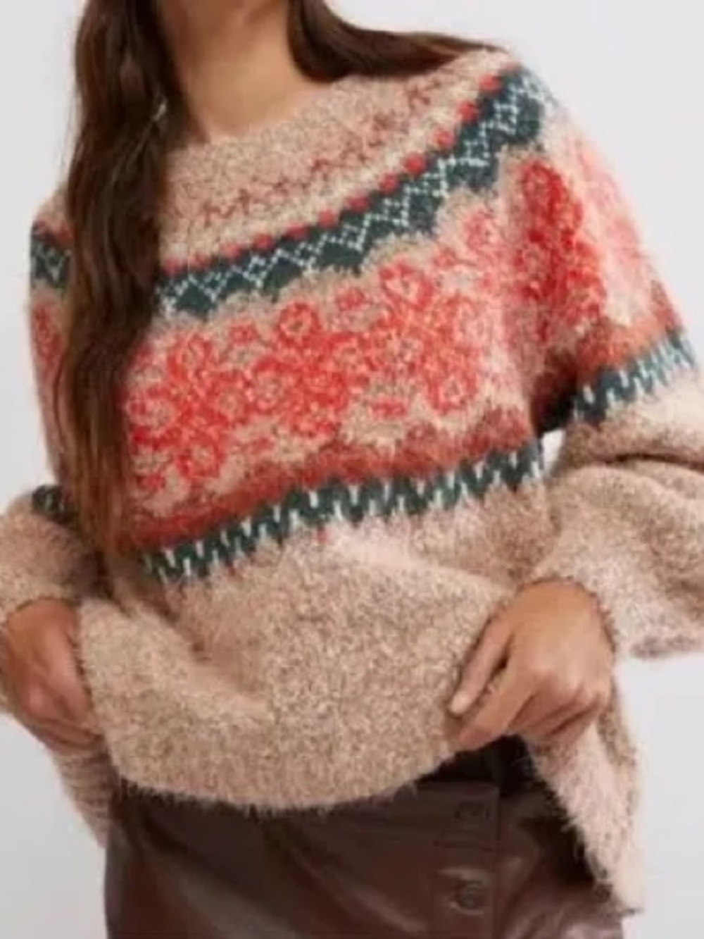 Free People Festive Frost Sweater Womens M Tan Fair Isle Eyelash Knit